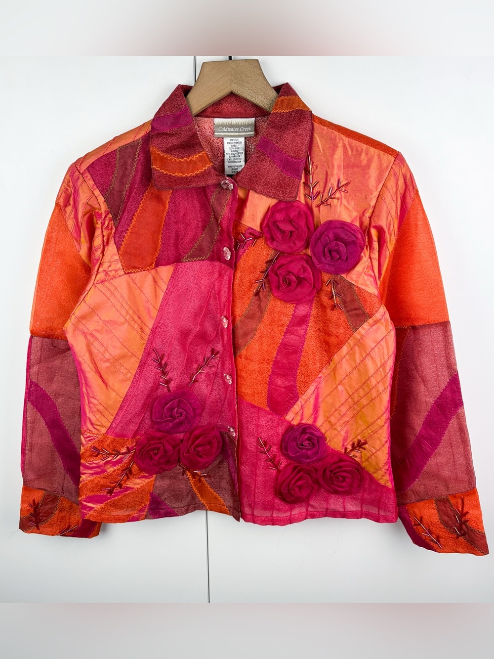 Vintage 100% Silk Taffeta 3D Flower Floral Patchwork Abstract Jacket Pink Orange